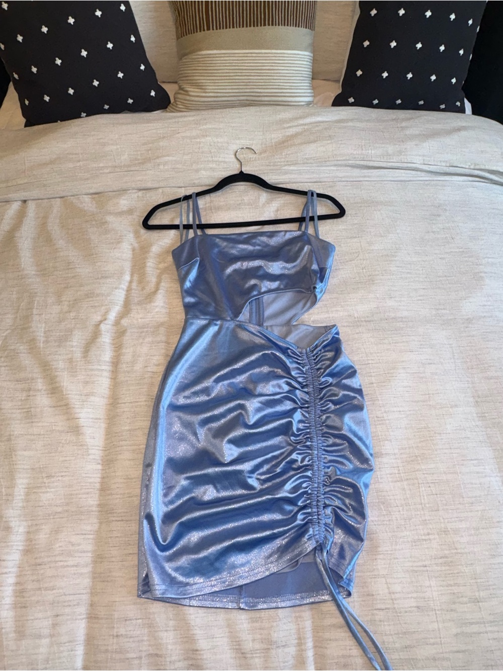 Windsor Metallic Baby Blue Ruched Cutout Mini Dress